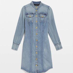 White House Black Market Long sleeve Denim Shirt Dress Snap up Gold Buttons 12